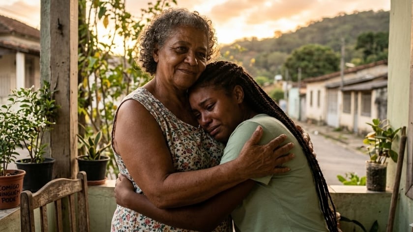 Mulher idosa abraça mulher mais jovem em lágrimas, numa rua de bairro com morros ao fundo.