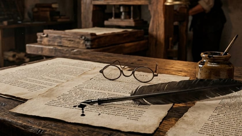 Folhas impressas, óculos, pena e tinteiro sobre mesa de madeira diante de uma prensa antiga.