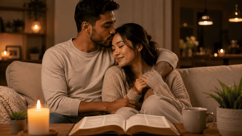 Homem beija a testa de uma mulher abraçada a ele no sofá, com vela e livro.