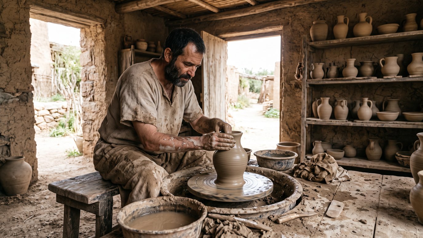 Oleiro modela um vaso de barro no torno, em uma oficina.