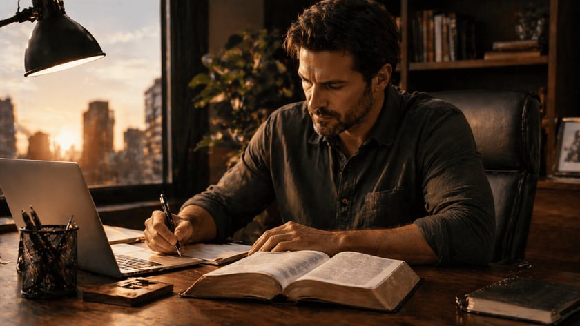 Homem escreve em caderno ao lado de livro aberto e laptop, junto à janela com prédios.
