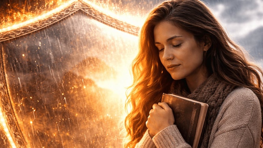 Mulher de cabelos longos e olhos fechados abraça um livro ao lado de um escudo flamejante.