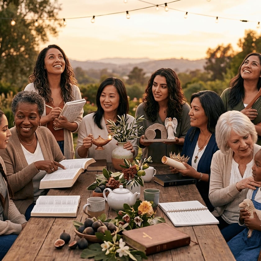 Mulheres diversas e uma menina ao redor de mesa rústica ao ar livre com Bíblias e objetos simbólicos