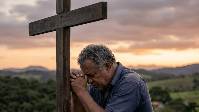 Homem de cabelo grisalho ajoelhado, com as mãos unidas apoiadas numa cruz de madeira, em um morro.