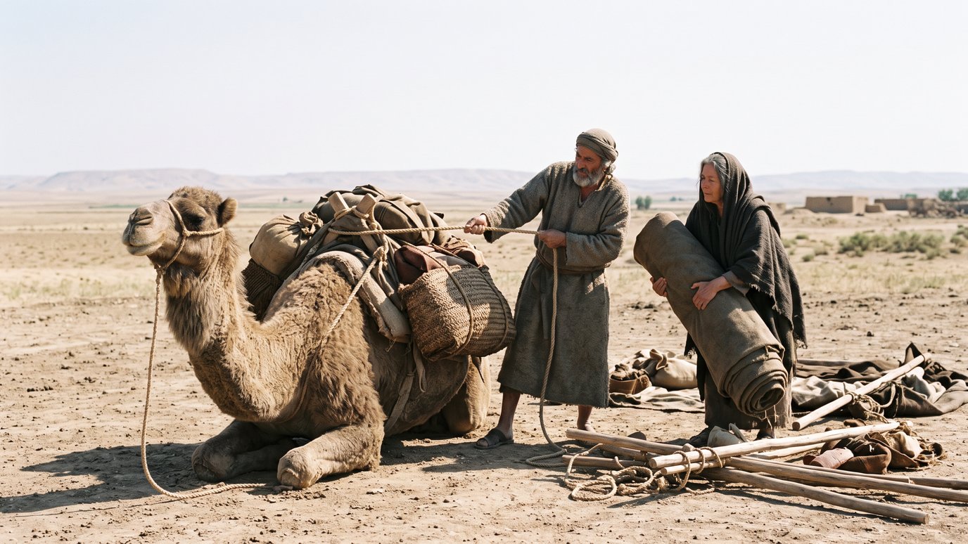 Homem e mulher carregam um camelo deitado no deserto, com tendas e varas no chão.