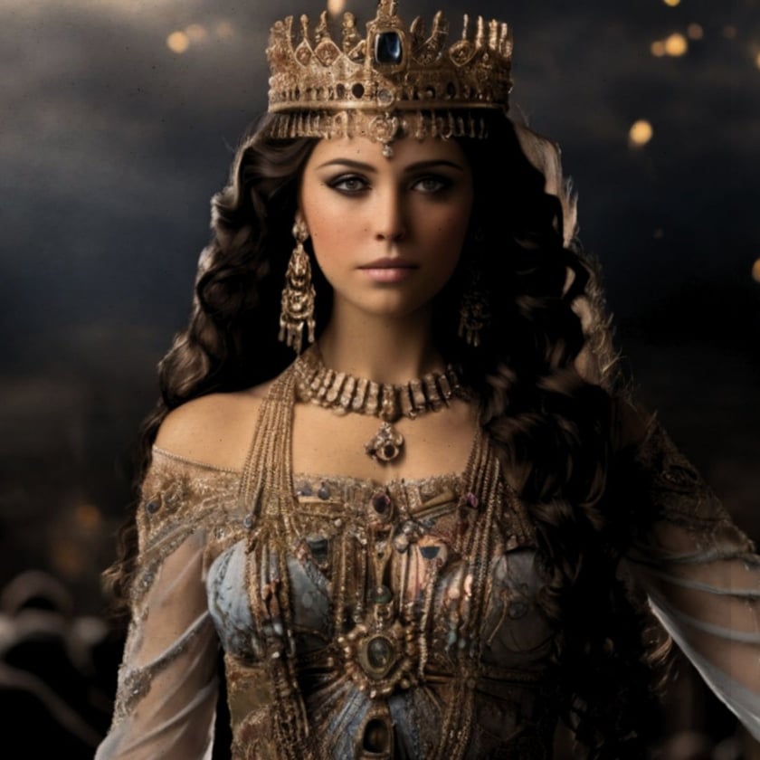 Mulher de cabelos escuros e ondulados usa coroa dourada, joias vistosas e vestido bordado.