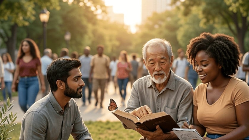 Três pessoas conversam sobre um livro aberto num tronco, em um parque movimentado.