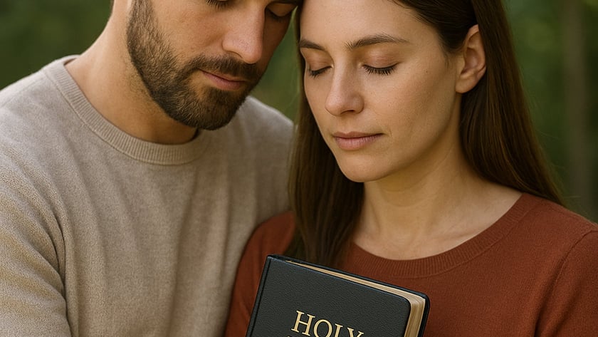 Homem e mulher de olhos fechados, encostando as testas, seguram uma Bíblia ao ar livre: "HOLY BIBLE"