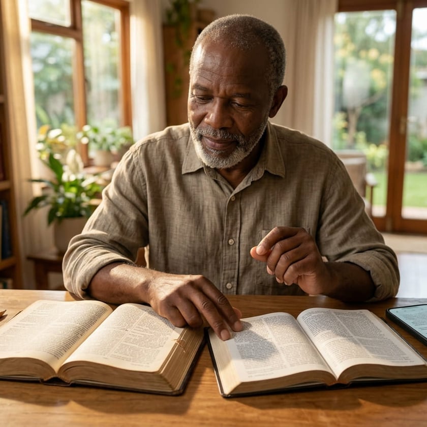 Homem idoso de barba grisalha lê dois livros abertos sobre uma mesa de madeira.