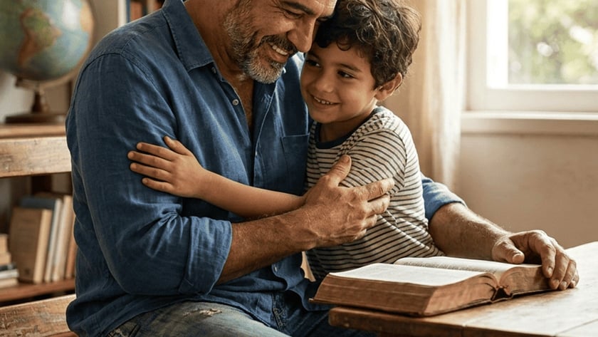 Homem sorridente abraça um menino ao lado de uma mesa com livro aberto.