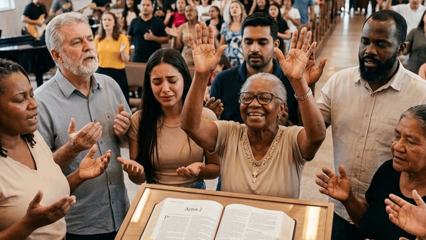 Fiéis de mãos erguidas oram diante de uma Bíblia aberta em igreja lotada: "Actos 2".