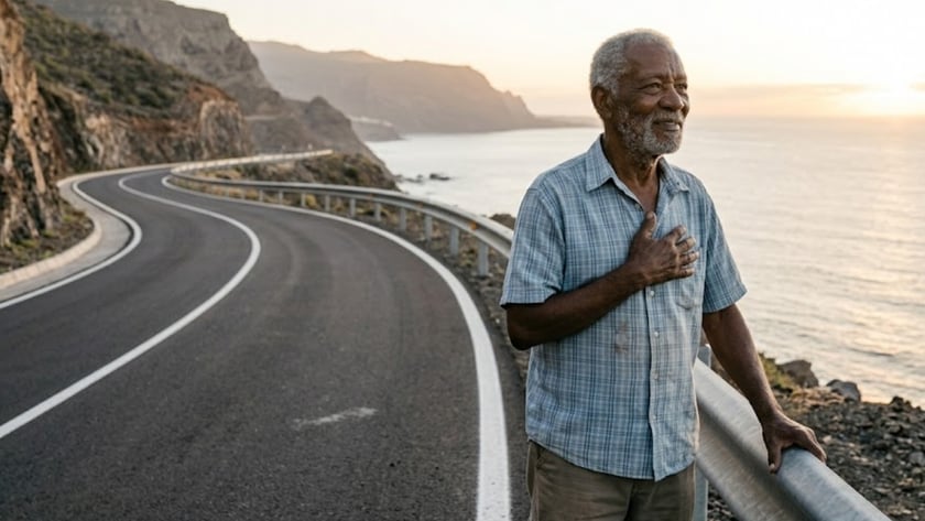 Homem idoso de camisa xadrez, com a mão no peito, ao lado de uma estrada à beira-mar.