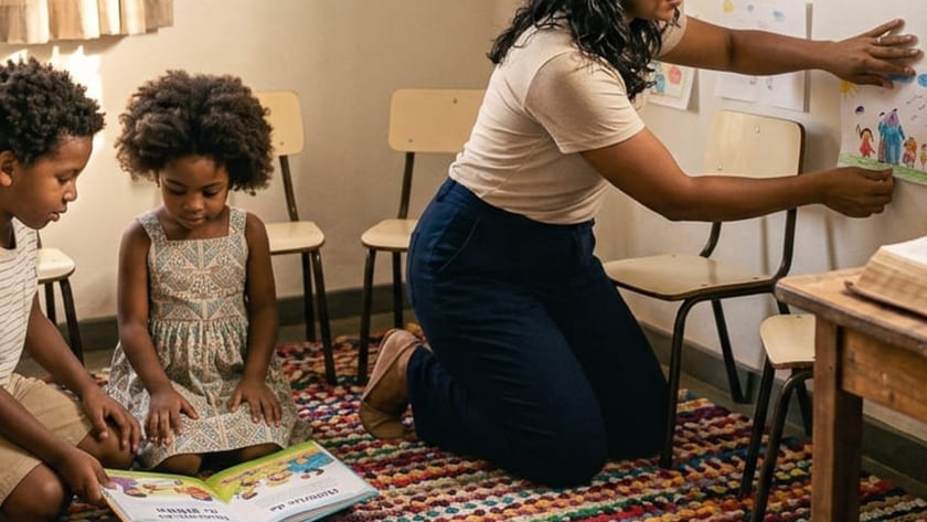 Duas crianças leem um livro no tapete colorido enquanto uma mulher pendura desenhos na parede.