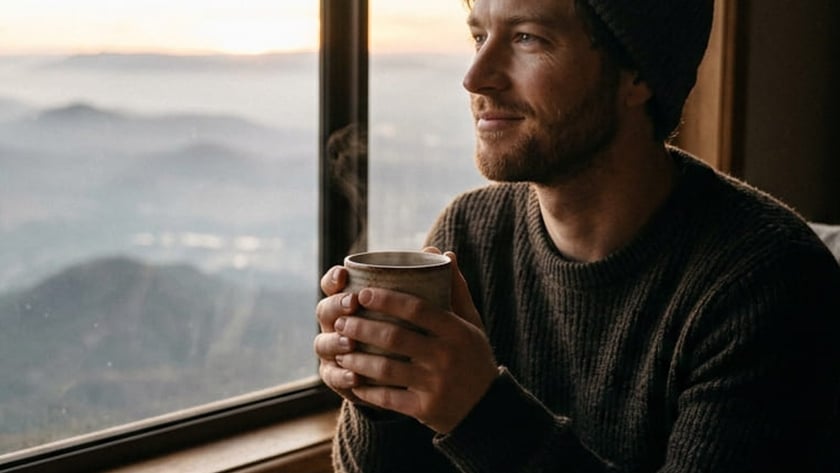 Homem de gorro segura uma caneca fumegante e olha pela janela para montanhas.