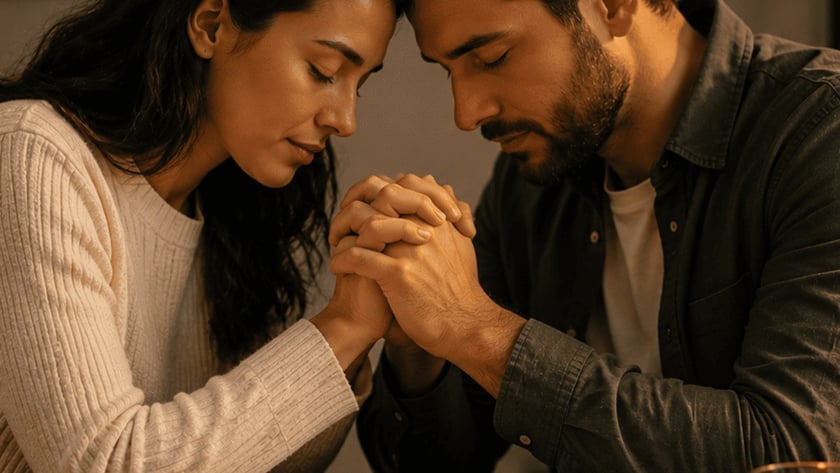 Homem e mulher de olhos fechados, com as mãos unidas sobre uma Bíblia aberta.