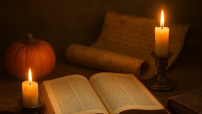 Livro antigo aberto sobre mesa de madeira, com duas velas acesas, abóbora, pergaminho e pena.