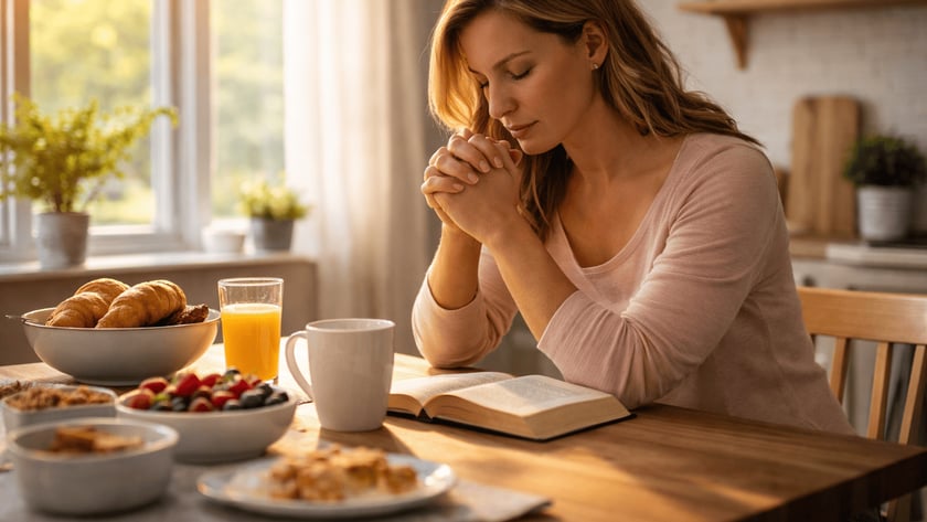Mulher de olhos fechados e mãos unidas à mesa de café da manhã, com livro aberto.