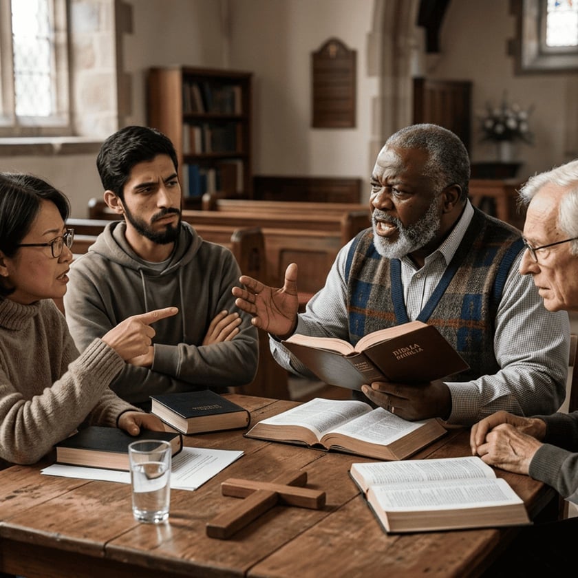 Três pessoas conversam em volta de uma mesa com Bíblias dentro de uma igreja.