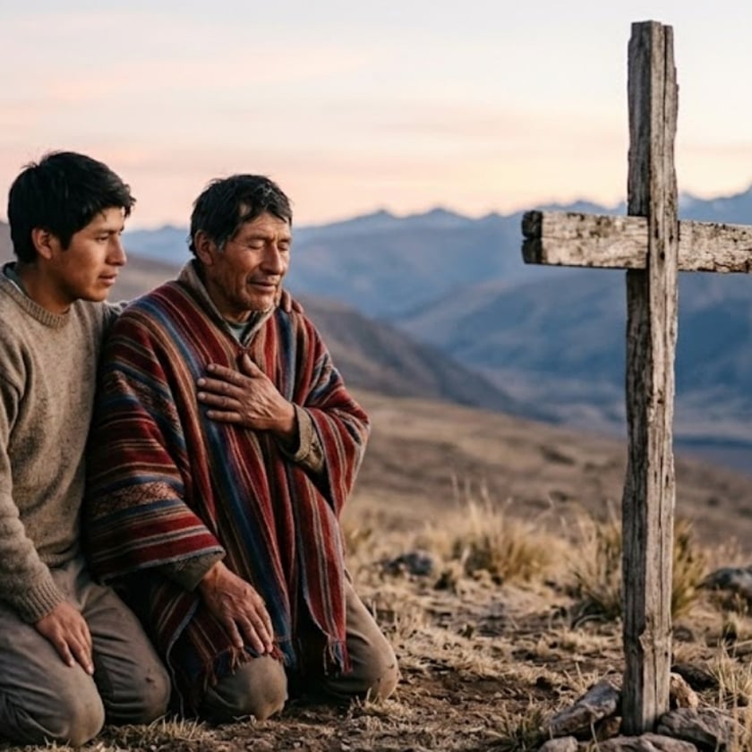Dois homens ajoelhados diante de uma cruz de madeira em uma montanha, um com a mão no peito.