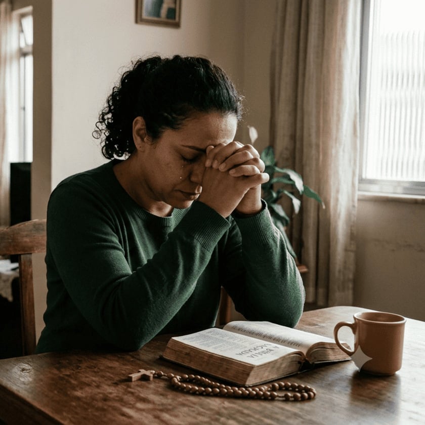 Mulher de cabelo escuro e blusa verde reza à mesa, com Bíblia, terço e caneca.