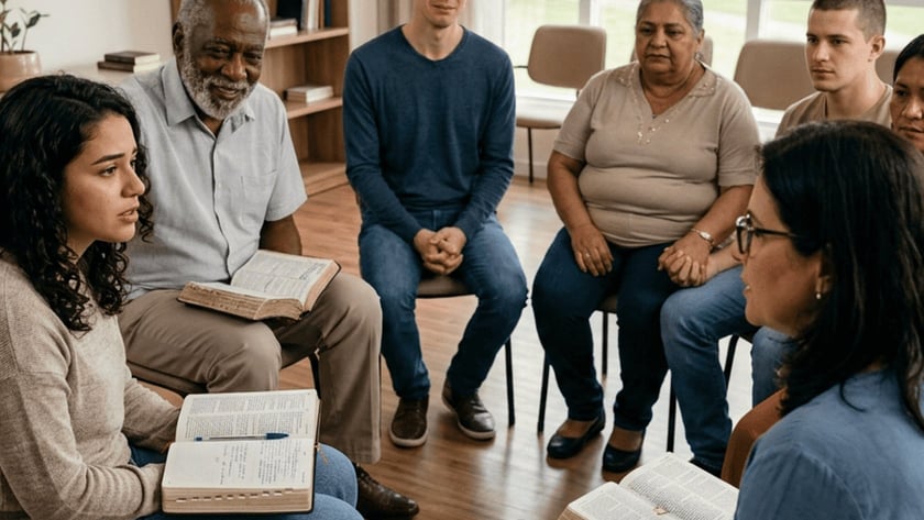 Grupo de pessoas sentadas em círculo numa sala, com Bíblias abertas, conversando.