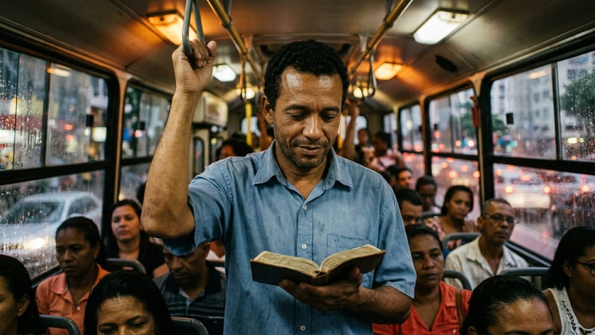 Homem de camisa azul lê um livro em pé dentro de um ônibus com passageiros sentados.