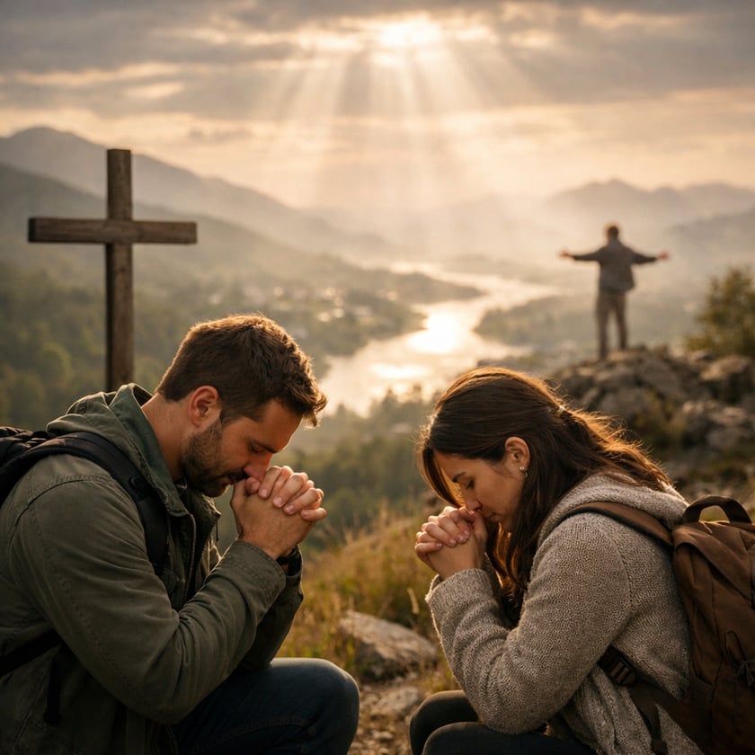 Homem e mulher com mochilas rezam de mãos juntas perto de uma cruz de madeira no alto de um morro.