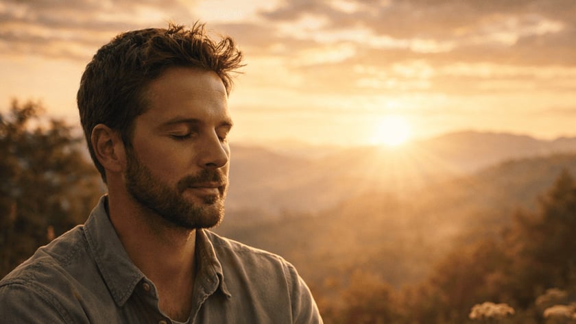 Homem barbado de olhos fechados, mãos unidas sobre uma Bíblia aberta, em um morro ao pôr do sol.