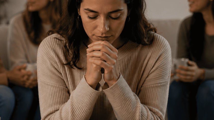 Mulher de olhos fechados e mãos juntas diante de uma Bíblia aberta, com duas mulheres ao fundo.