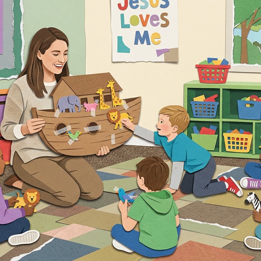 Crianças sentadas no tapete de uma sala de aula colocam animais numa arca; cartaz: "Jesus Loves Me".