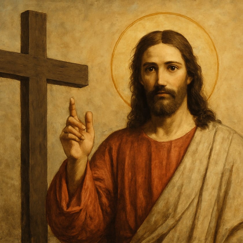 Homem barbudo de cabelos longos, com auréola, ergue a mão ao lado de uma cruz de madeira.