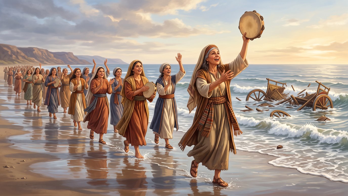 Mulheres com pandeiros caminham dançando na praia, perto de carros de guerra destruídos.