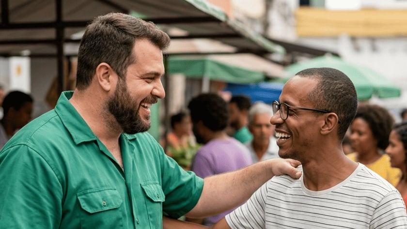 Dois homens sorriem e se cumprimentam em uma feira de rua movimentada, com barracas ao fundo.
