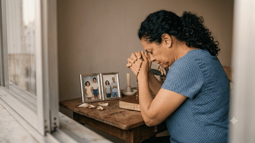 Mulher de cabelo escuro reza com um terço diante de porta-retratos, vela e Bíblia.