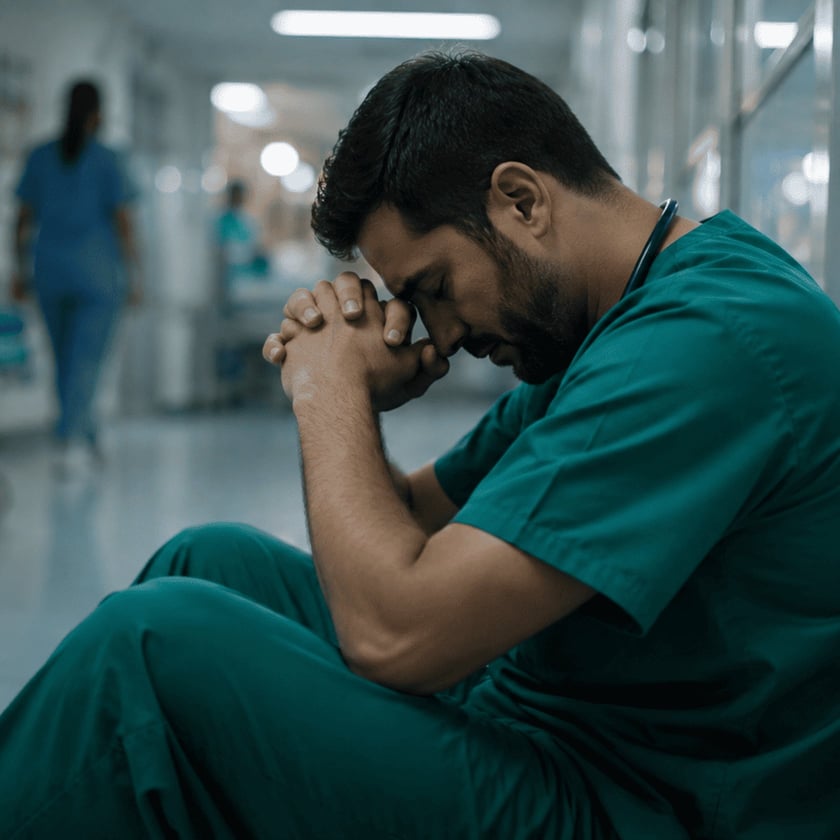 Profissional de saúde de uniforme verde sentado no chão de um corredor hospitalar