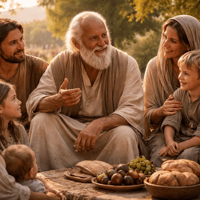 Idoso de barba branca conversa com família sentada ao ar livre, diante de pães e frutas.