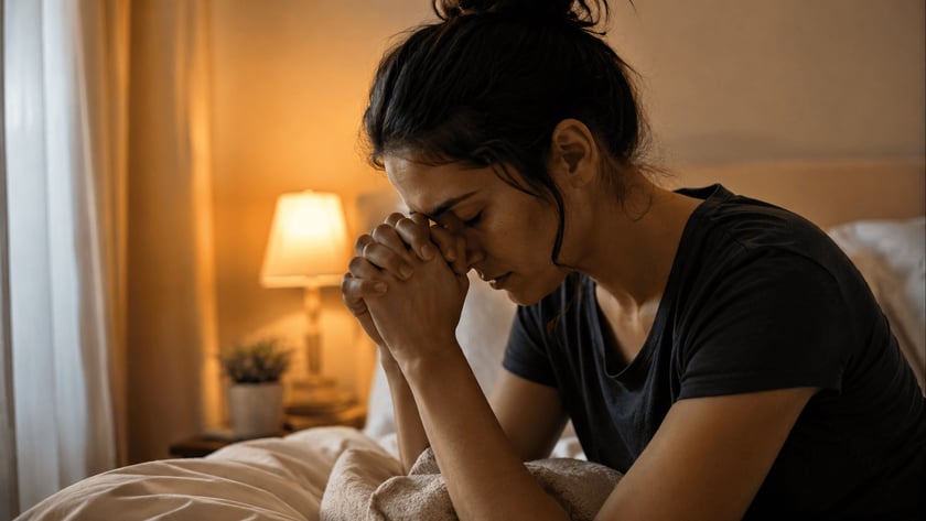 Mulher de olhos fechados e mãos unidas junto ao rosto, sentada em uma cama.