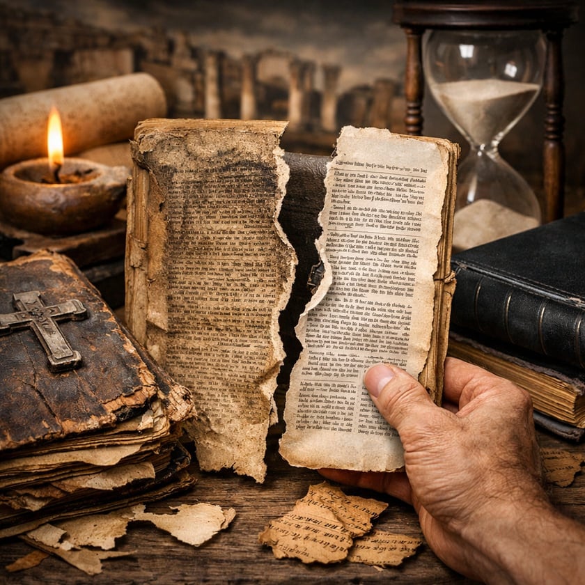 Mão segura página rasgada de livro antigo, perto de vela, ampulheta e livros.