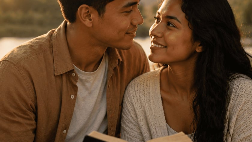 Homem e mulher sorriem um para o outro à beira de um lago, com um livro aberto.