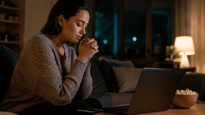 Mulher de olhos fechados e mãos unidas diante de um notebook, em uma sala