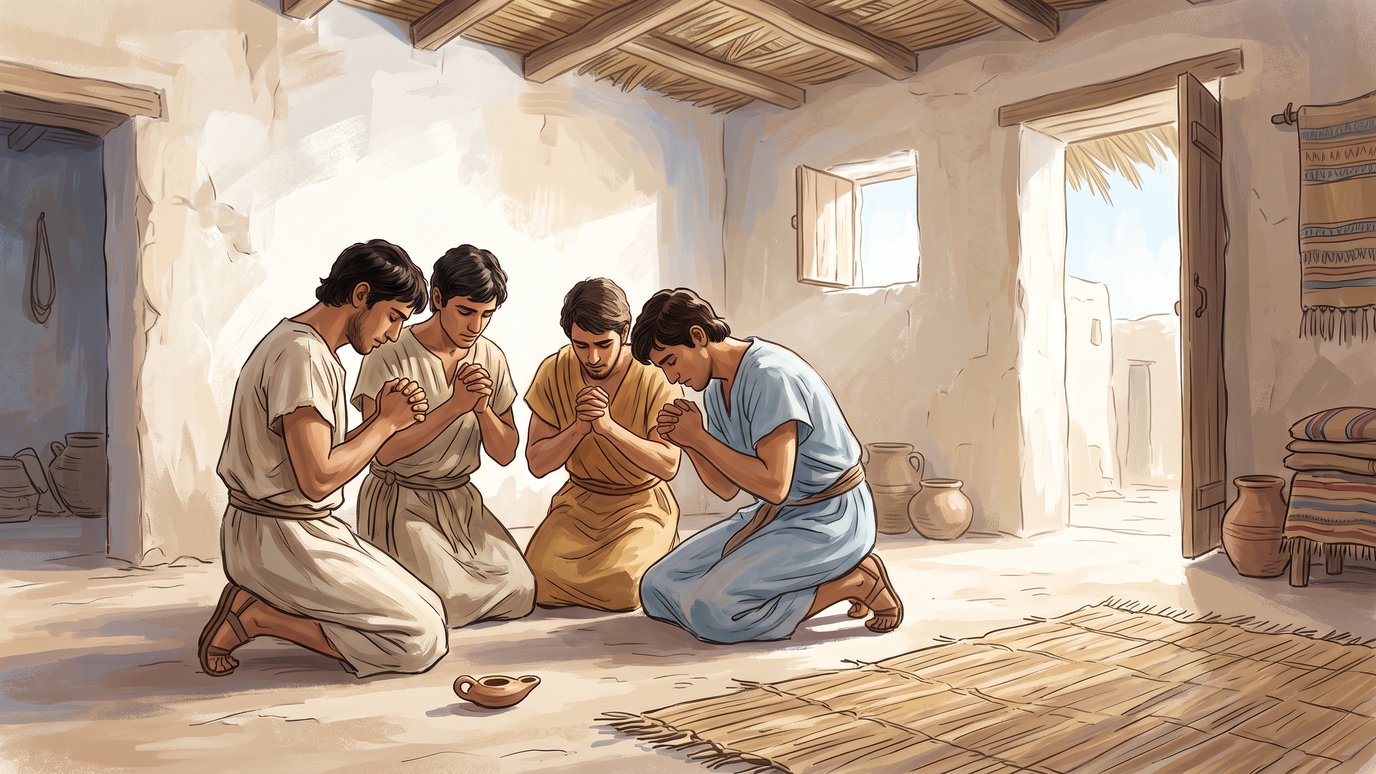 Quatro jovens de túnica ajoelhados, de mãos postas, rezam em uma casa simples de barro.