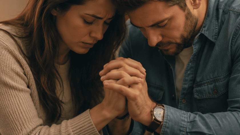 Mulher e homem sentados num sofá, de cabeça baixa, com as mãos unidas.
