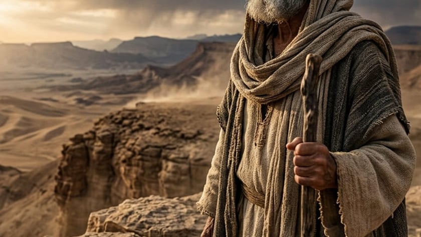 Homem idoso de barba grisalha, com manto e cajado, olha o céu em um deserto.