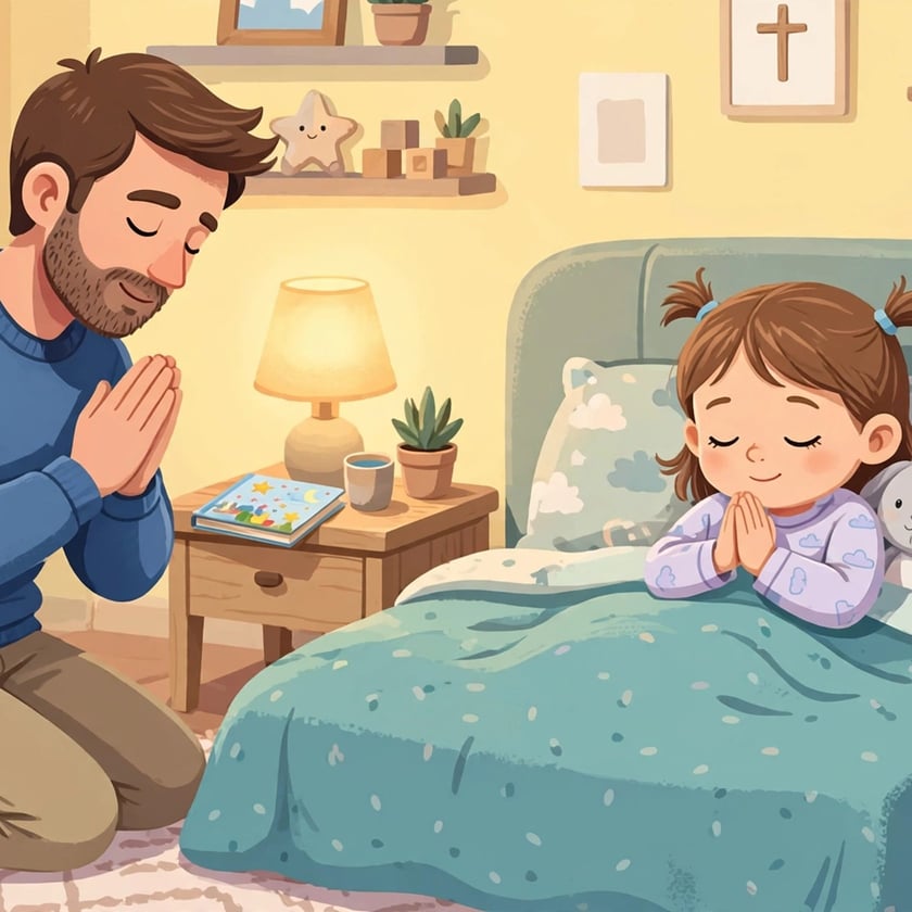 Pai ajoelhado e menina deitada na cama rezam de mãos juntas no quarto.