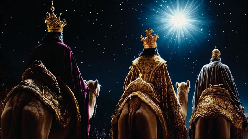 Três reis coroados, de costas, cavalgam camelos no deserto rumo a uma estrela brilhante.