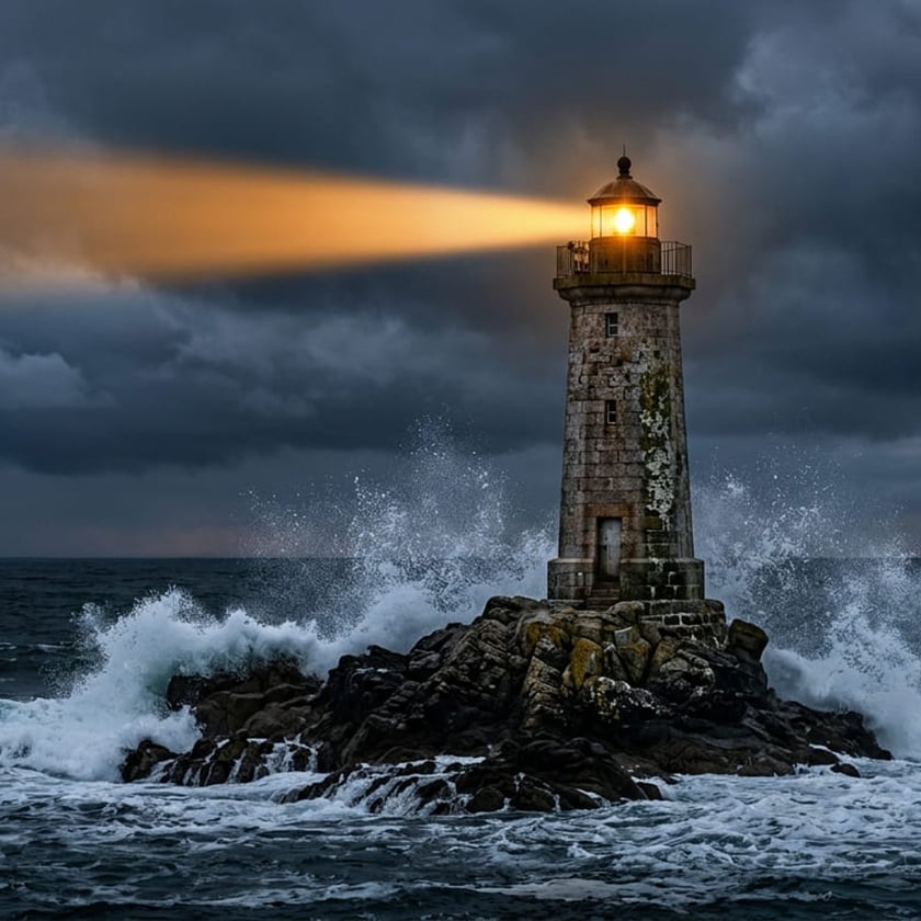 Farol de pedra aceso sobre rochedo, com ondas batendo sob nuvens escuras.