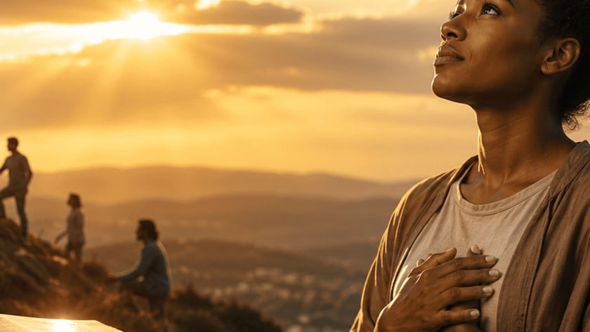 Pessoas se ajudam a subir uma colina ao pôr do sol, com uma Bíblia aberta à frente.