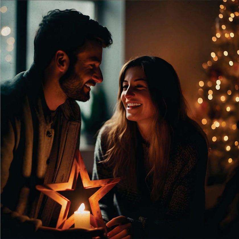 Homem e mulher sorriem um para o outro, segurando uma estrela com vela, perto de árvore de Natal.