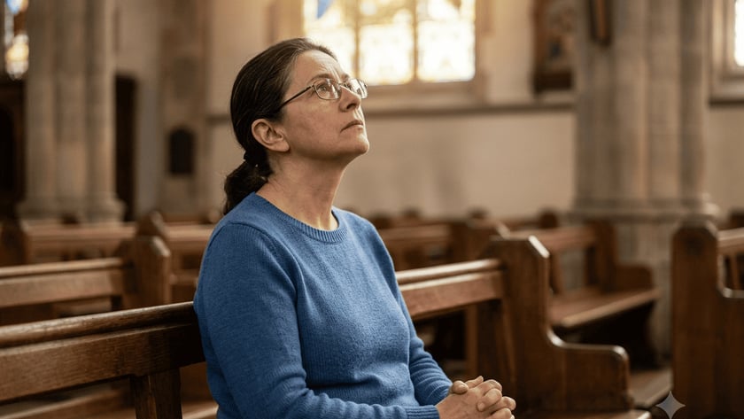 Mulher de óculos e suéter azul, sentada num banco de igreja, olha para cima.