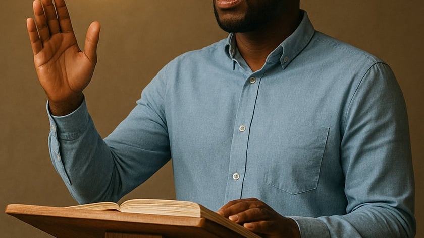 Homem de camisa azul, de olhos fechados, ora atrás de um púlpito com uma pomba luminosa.